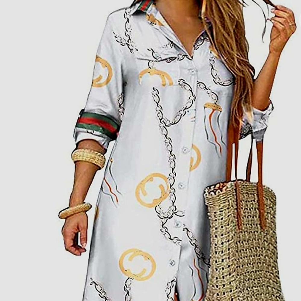 GORGEOUS LONG SLEEVES CHAIN PRINT BUTTON FRONT MAXI SHIRT DRESS WITH GREEN AND R